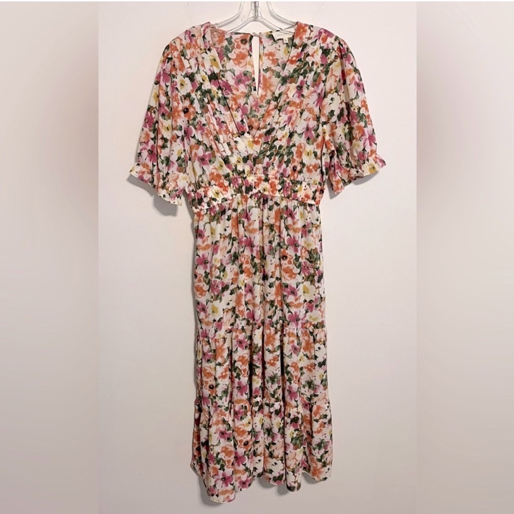 Melloday Nordstrom Cottagecore Floral Midi Dress in Cream, Pink, Green. Sz Large